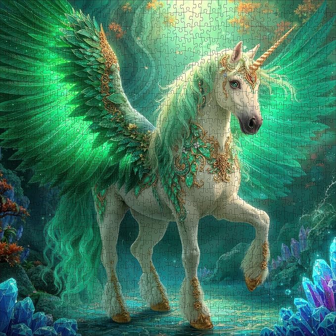 Emerald Winged Unicorn Jigsaw Puzzle for Adults 1000 Pieces - Fantasy Art with Crystals & Gold, 22.8 Inch Square, Lettered Back, Premium Magical Home Decor & Gift