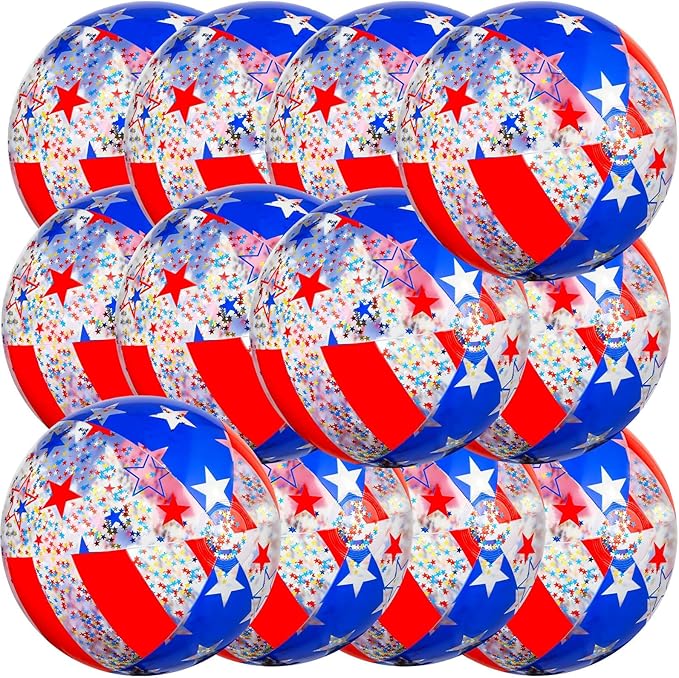 12 Pack 4th of July Sequins Beach Balls 16" Patriotic Flag Pool Ball American Party Decoration PVC Jumbo Sport Ball for Adults Independence Day Summer Beach Swimming Pool Water Game Party Favor