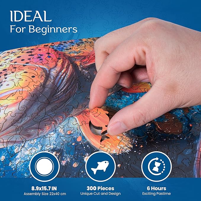 ESTROSO Magical Wooden Puzzle for Adults with Beautiful Rainbow Trout Fish Design - 300 Piece Each Luxury Unique Shape Wooden Puzzle with Exquisite Wooden Box for Gift - 8.9x17.7 Inch