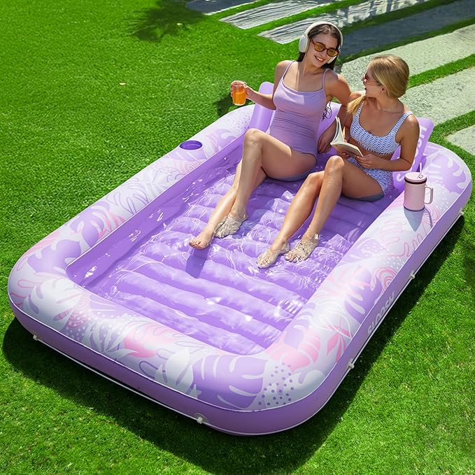 SLOOSH Inflatable Tanning Pool Lounger Float, 85" x 57" Pool Floats Adult with Pillow, 4 in 1 Suntan Tub Raft Floatie,Sunbathing Bed Lounge for Water Blow Up Ball Pit Party Gifts, L-Purple