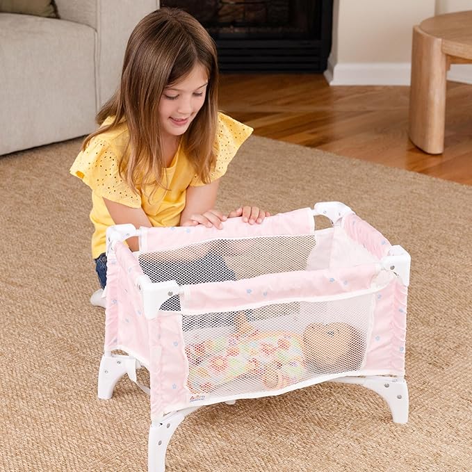 Baby Doll Crib Pack N Play – Foldable Baby Doll Bed with Mesh Sides & Mattress – Portable Toy Crib for 18-22 Inch Dolls