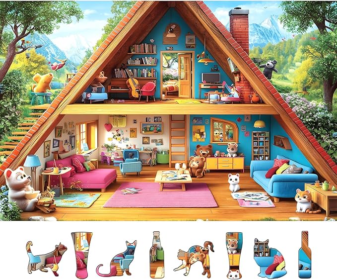 500 Piece Puzzles for Adults, Mountain Home with Animal Characters - Fairy Tale Cottage Jigsaw Puzzle for Family Fun, Party Game, Finished Size 23" x 15"