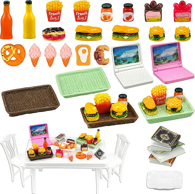 30 Pcs Miniature Food Drinks Laptop Computer Books Toys Dollhouse Miniature Furniture Plastic Table Fits Accessories Scale Dollhouse Playsets Girl Mini Drink Food Party