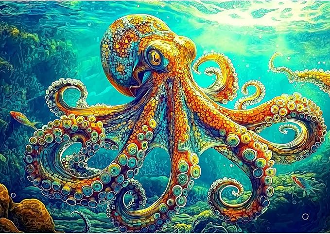 MINIWAN Vibrant Oil Painting Style Giant Octopus Jigsaw Puzzles for Adults 1000 Pieces, Colorful Underwater Common Octopus Jigsaw Puzzle, Gift for Marine Animal & Art Lovers 27.5x19.7 Inch