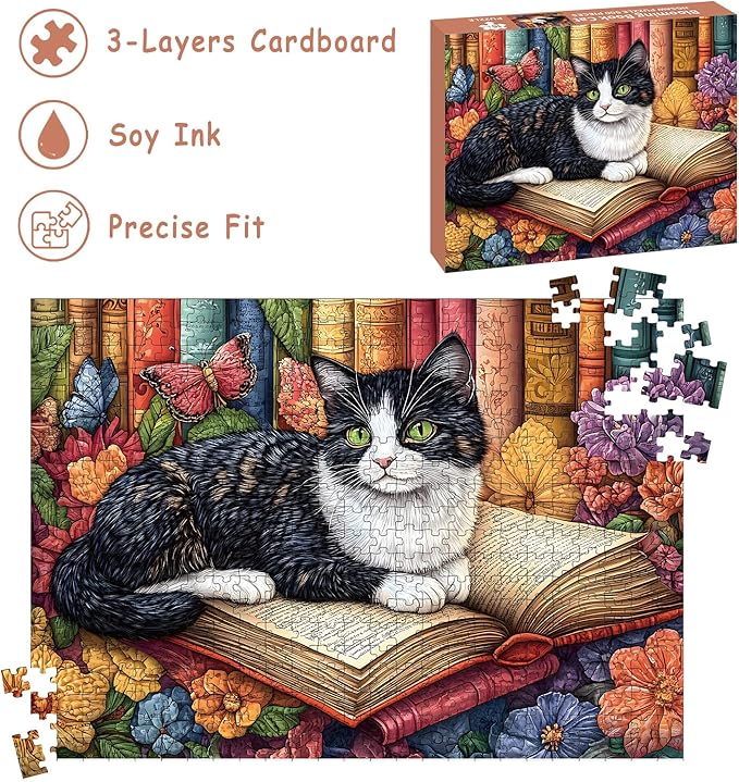 Puzzles for Adults 500 Pieces, Cat Jigsaw Puzzles - Blooming Book Cat, Impossible Book Art Puzzles for Seniors Family, 20.47x14.96 inches, 1:1 Poster, Letter on The Back
