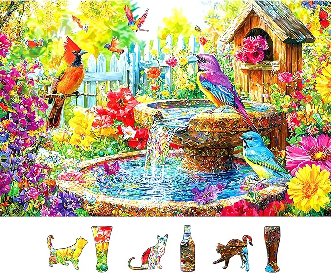 500 Piece Jigsaw Puzzle for Adults Spring Garden Scene with Colorful Birds, Birdhouse & Fountain, Large Piece Relaxing Puzzles Adult Puzzle Gift (23x15 Inch)