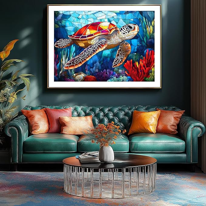 Sea Turtle Stained Glass Jigsaw Puzzle for Adults, 500 Piece Ocean Scene Puzzle, Relaxing Activity & Home Decor, Ideal for Marine Life Enthusiasts, Turtle Lovers