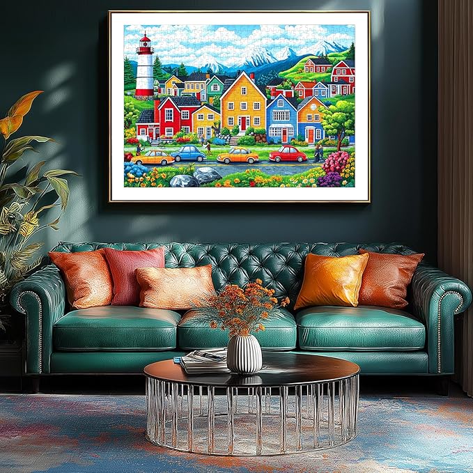 Blueforest 1000 Piece Jigsaw Puzzle for Adults - Coastal Village Scene: Colorful Houses, Lighthouse & Mountain View, 27.5x19.7 Inch