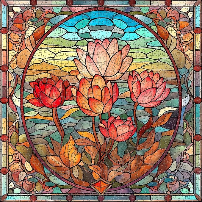PICKFORU Stained Glass Flower Puzzles for Adults 1000 Pieces, Vintage Art Puzzles Floral, Impossible Hard Challenging for Adults