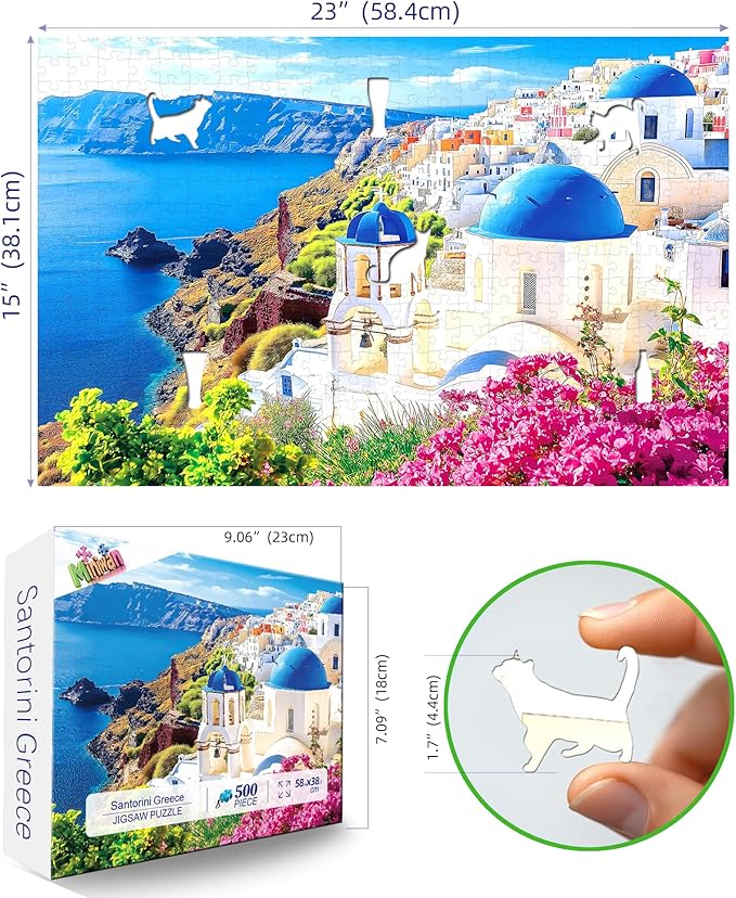 MINIWAN 500 Piece Puzzles for Adults - Santorini Greece Blue Dome Church Jigsaw Puzzle, 23x15 Inches with Unique Irregular Shaped Pieces for Relaxation & Home Wall Decor