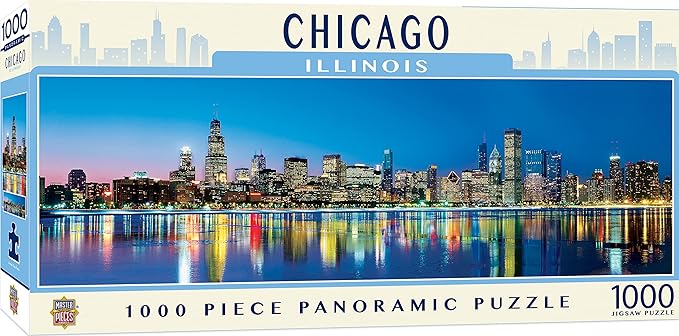 Masterpieces 1000 Piece Chicago Puzzle Panoramic Skyline Jigsaw, Windy City Landmark Design with Lake Michigan and Willis Tower, Premium Random Cut Puzzle Pieces, 13 x 39 Collectible Display Art Print