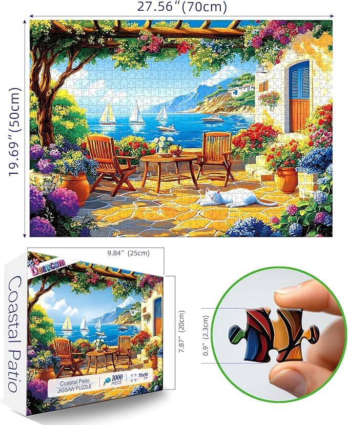 1000 Piece Jigsaw Puzzle for Adults, Seaside Garden Terrace Scene with Colorful Flowers and Cat, Mediterranean Coastal Landscape with Sailboats, Home Decor & Stress Relief