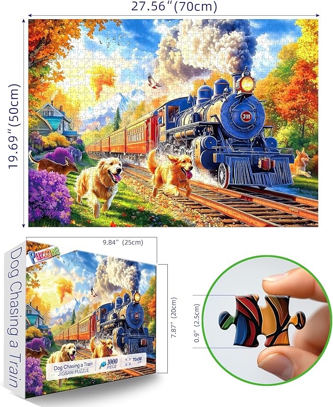 1000 Piece Puzzle for Adults, Vintage Steam Train with Golden Retrievers Dog Jigsaw Puzzles Fall Landscape for Adults Challenging Game, 27.5 x 19.7 Inches