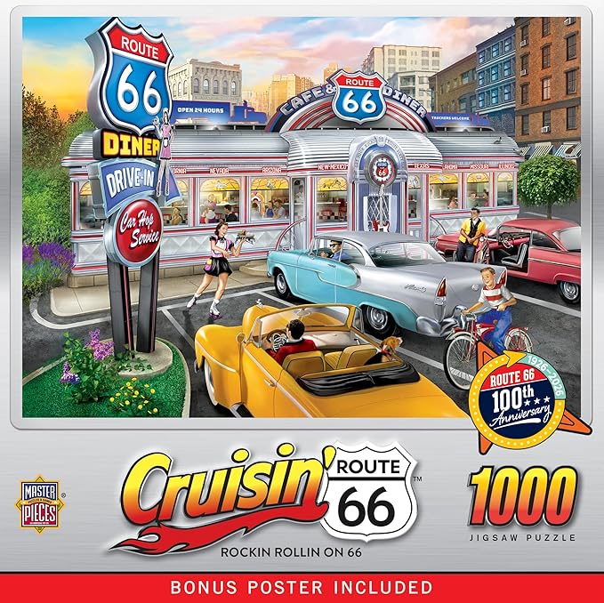 MasterPieces Jigsaw Puzzle 1000 Pieces for Adults - Rockin Rollin on 66, Retro Diner Scene with Jukebox, 19.25"x26.75", Vintage Americana, Unisex Adult