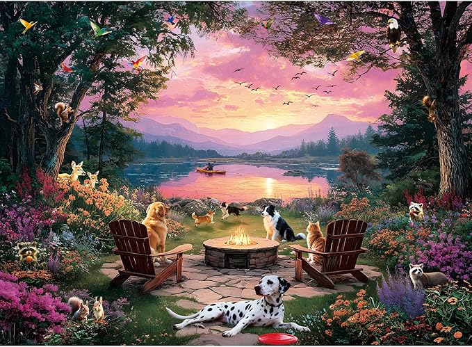 300 Piece Puzzles for Adults, 300 Piece Puzzles for Adults Large Piece, Lake Sunset Dogs Campfire Jigsaw Puzzle Funny Gift for Adult Kids Challenging Family Games Toy, 20.5 X 15 in