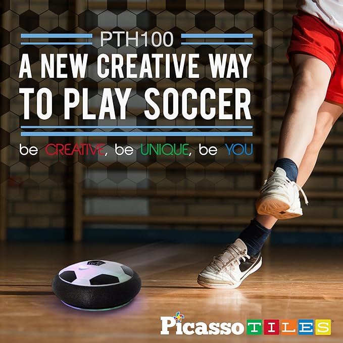 PicassoTiles Hoverball Air Hockey Soccer Floating Disc with LED Light Airlift Power Soft Bumper Indoor Gliding Toy Battery Operated Movement Training Game for Physical Activity Kids Age 3 Plus PTH100