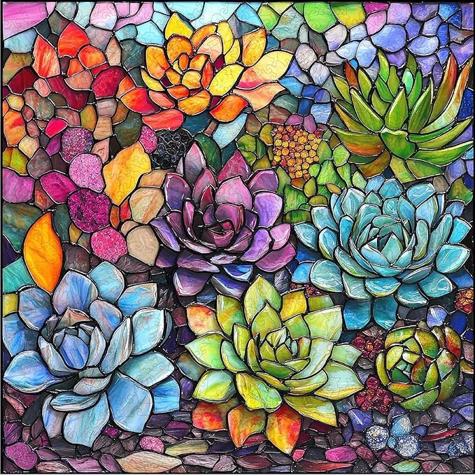 Delobi Stained Glass Puzzle Succulent Wooden Puzzles for Adults 300 Pieces, Unique Challenging Jigsaw Puzzles Gift for Friends Family Game 12.4 x 12.4 Inch