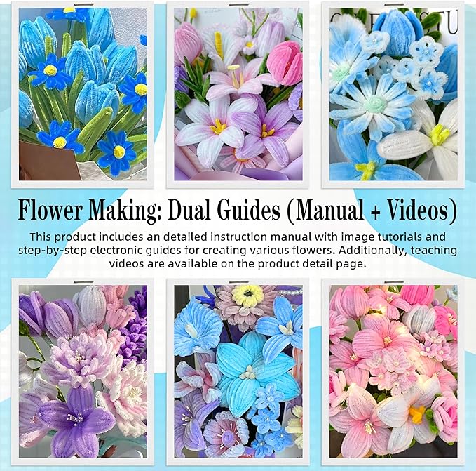 LINAYE 500 PCS Pipe Cleaners Craft, 6 Colors Pipe Cleaners Flowers Kit, Chenille Stems for Crafts with Instruction Wrapping Paper, Flower Stamens, Stems Art and Craft Supplies Blue