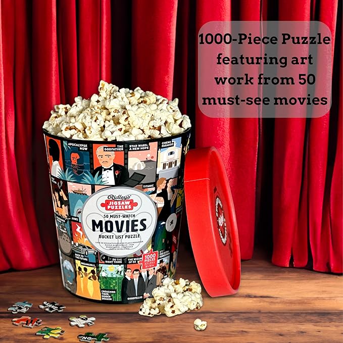Ridley's: 50 Must-Watch Movies Bucket List 1000-Piece Puzzle - Movie Lovers Gift - Unique Art Style - Movie Room Décor