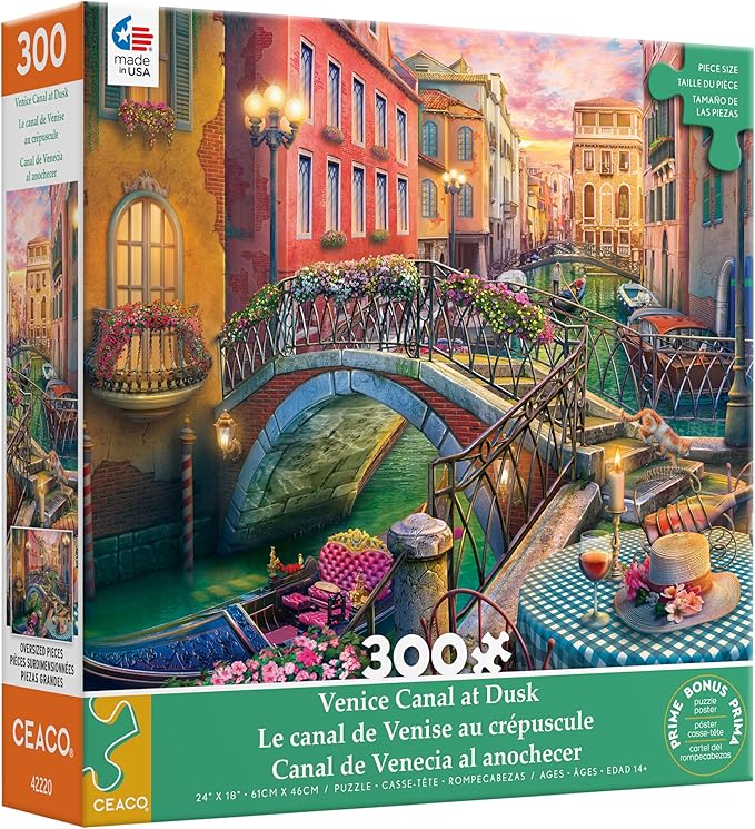 Ceaco - Large Piece Jigsaw Puzzle - Ann Jasperson - Venice Canal at Dusk - Relaxing and Fun Activity for Adults