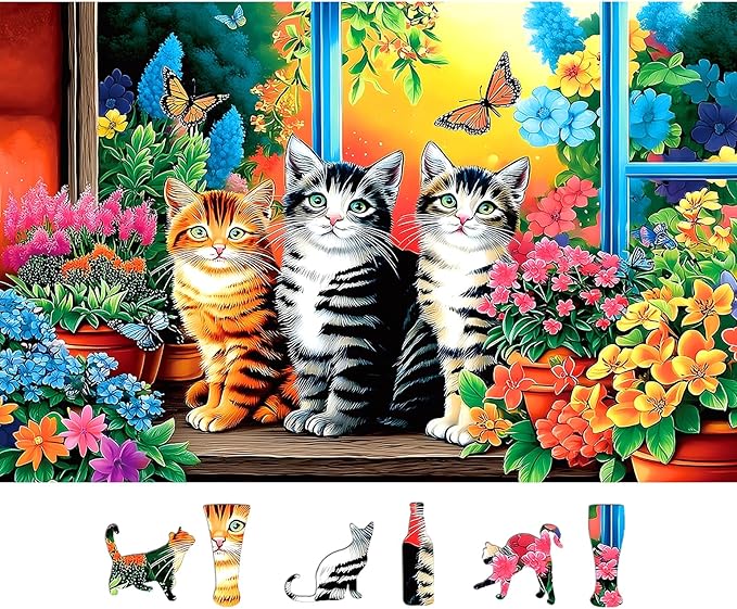 MINIWAN 500 Piece Puzzles for Adults - Cute Kitten Floral Window Jigsaw Puzzle, 23x15 Inches with Unique Irregular Shaped Pieces for Relaxation & Home Wall Decor