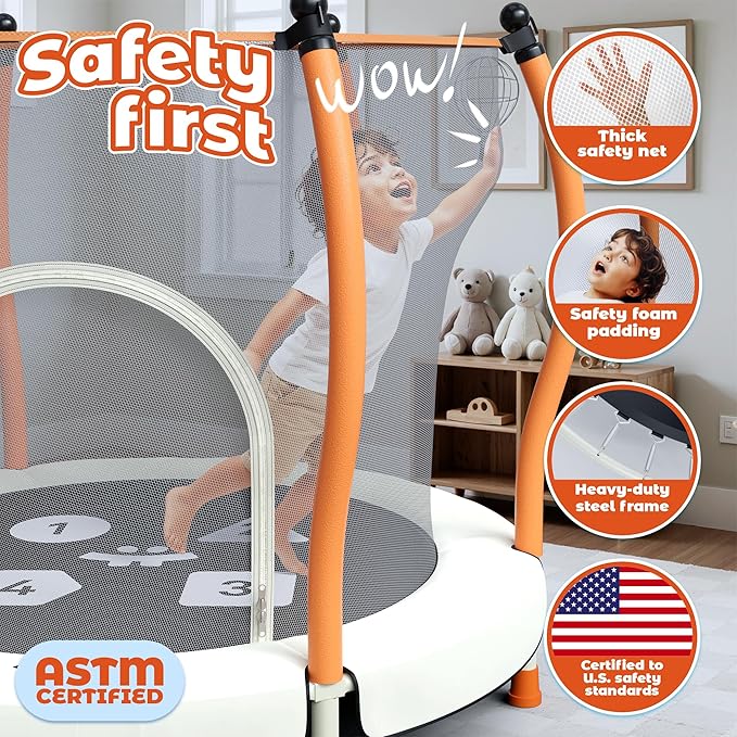 Happin® 55’’ Trampoline for Kids with Safety Enclosure, Indoor & Outdoor Toddler Trampoline, Ultra Safe Design with Multi Activity Accessories, Perfect Toddler Gift for Boys & Girls Ages 1–8