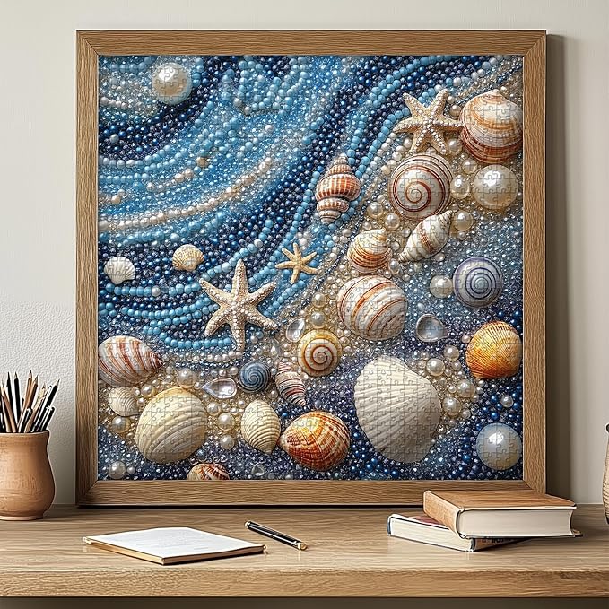 Beach 1000 Piece Puzzles for Adults, PICKFORU Mosaic Gradient Sea Jigsaw Puzzles Jewel Seashells, Challenging Hard Unique Pearl Shell Ocean Theme as House Decor