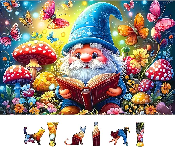 Mushrooms Jigsaw Puzzles 500 Pieces Enchanted Garden Reading Puzzles for Adults 500 Pieces with Gnome Mushrooms Butterflies Magical Fantasy Puzzle for Home Decor, 23 x 15 Inch