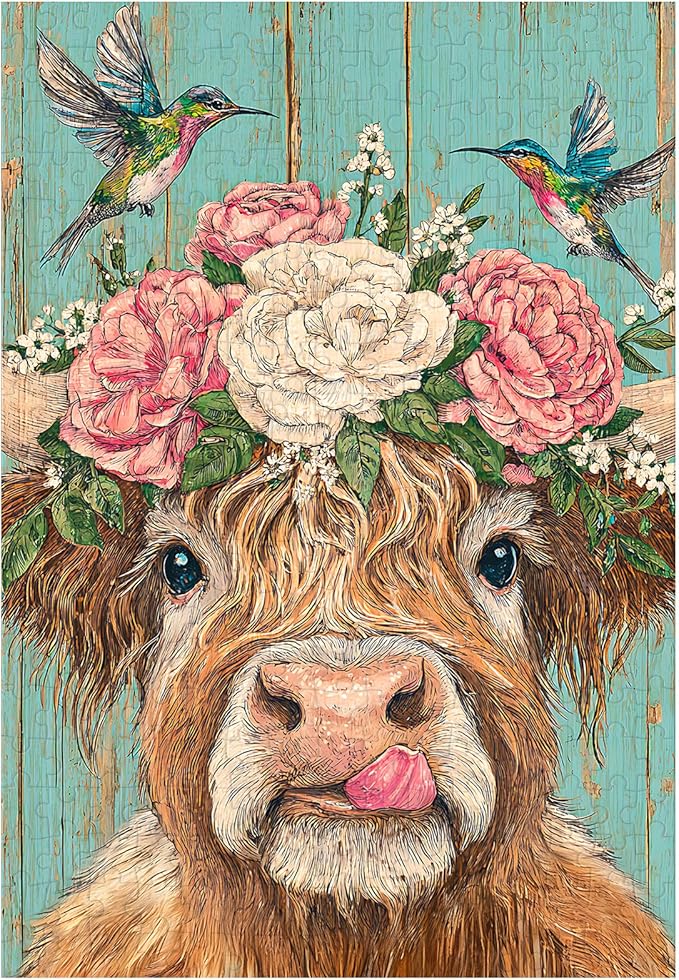 Great Jigsaw Puzzles for Adults 300 Pieces Rustic Highland Cow with Hummingbirds and Blossoms Puzzles for Adults Toys Gift Family Decoration Kids Puzzle