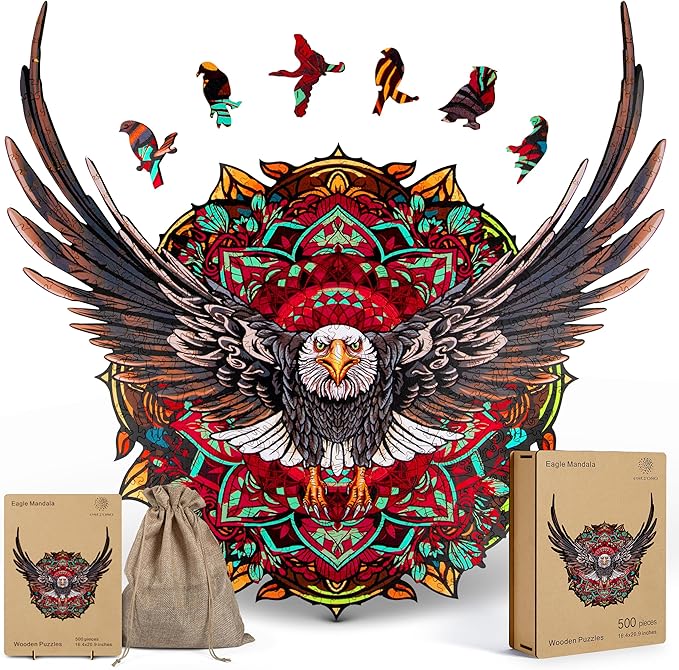 ESTROSO Wooden Puzzles for Adults - Bald Eagle Mandala 500 Piece Wooden Jigsaw Puzzle - 20.9x16.4 Inches - Giftable Wooden Box and Carrying Bag - Challenging Wooden Jigsaw Puzzles