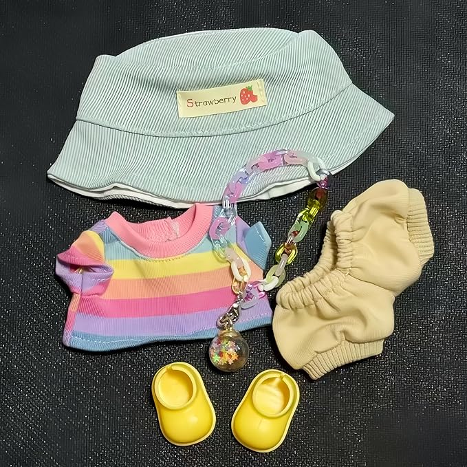 5 Set 17cm Doll Clothes, Clothes for Dolls Outfit, Accessories for 17cm Dolls Clothes T-Shirt + Pants + Hat + Wishing Bottle + Shoes, No Doll Included (Rainbow Wish)