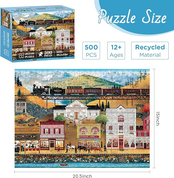 500 Pieces Puzzle for Adults, Retro Train Jigsaw Puzzles for Adult, Countryside Town Jigsaw Puzzle 500 Pieces for Adults Seniors, Challenging Game Home Decor Birthday Gift Toy 20.5 * 15 in