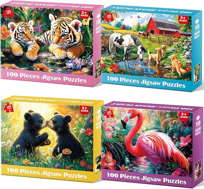 4-Pack 100 Piece Puzzles for Kids Ages 4-6 6-8 Year Old - Tigers Bears Farm Flamingos, Jigsaw Puzzles for Kids Ages 8-10, Learning Educational Children Puzzles 5-8 for Boys and Girls