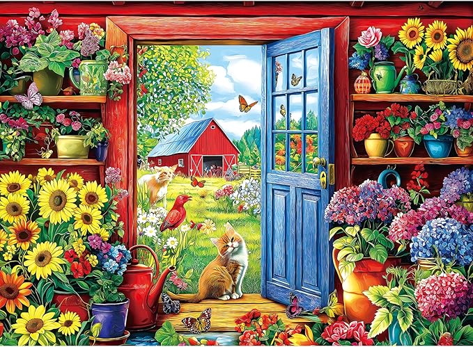 MINIWAN 500 Piece Puzzles for Adults - Farm Cat Sunflower Jigsaw Puzzle, 23x15 Inches with Unique Irregular Shaped Pieces for Relaxation & Home Wall Decor