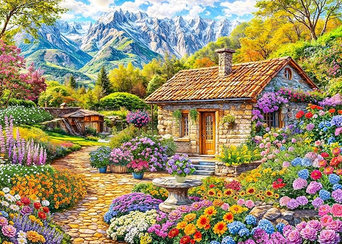 HUADADA 1000 Piece Puzzles for Adults - Colorful Flower House in The Mountains -Vibrant Views- Jigsaw Puzzles for Adults 1000 Piece Educational Games Colorful Puzzles for Home Decoration