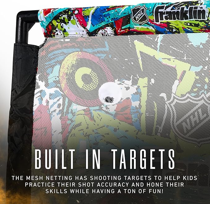 Franklin Sports NHL Kids Mini Hockey Set - Includes (1) Knee Hockey Goal, (2) Mini Sticks + (2) Foam Balls - Indoor Toy Youth Goal + Sticks Set - Graffiti
