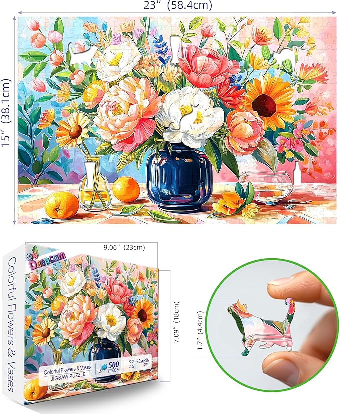 Pretty Flower Jigsaw Puzzle 500 Pieces for Adults, Colorful Floral Still Life Art Puzzle, Premium Thick Cardboard with Tight Interlocking, Ideal for Stress Relief, Home Decor