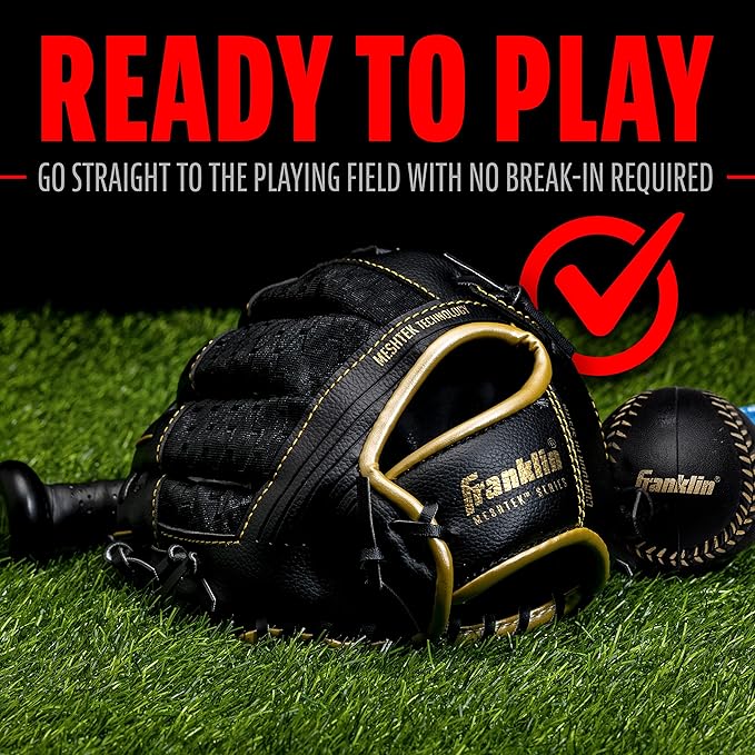 Franklin Sports Kids Baseball Glove + Foam Ball Sets - Meshtek Youth Teeball Gloves for Kids + Toddlers - Left + Right Hand Throw - 9.5" Inch