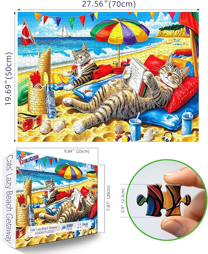 1000 Piece Beach Cats Jigsaw Puzzle for Adults, Colorful Summer Beach Scene with Kittens, 27.56x19.69 Inches, Relaxing Activity & Decoration