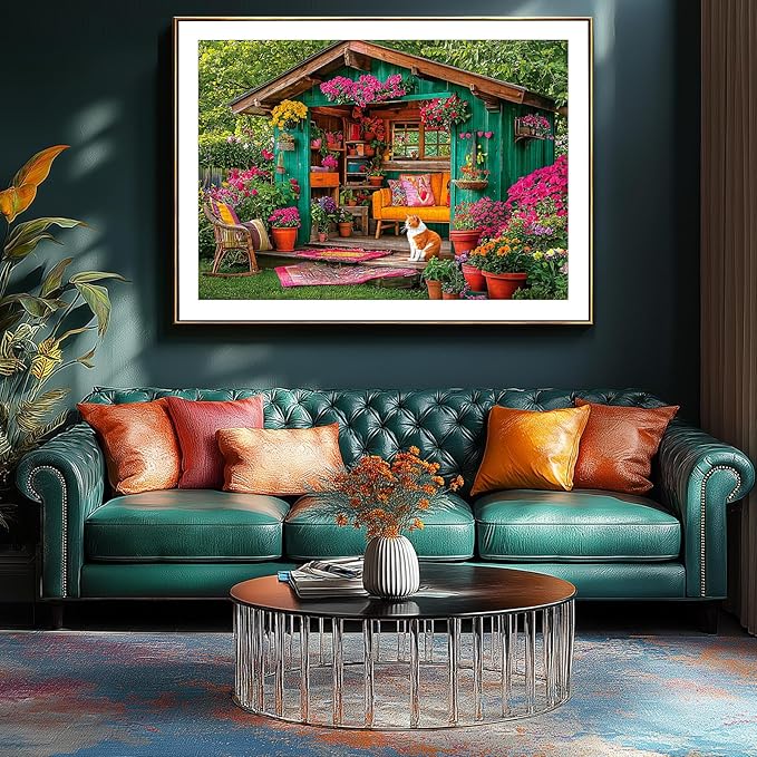 Flower House 500 Piece Puzzle for Adults Colorful Garden Shed Cat Jigsaw Puzzles with Letters on Back Perfect Family Challenge for Game Nights(23"X15")
