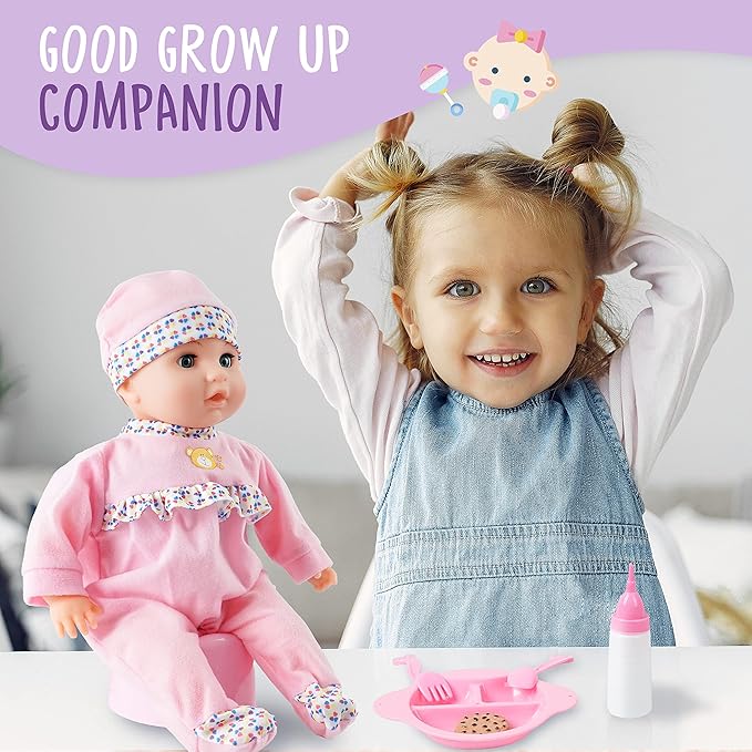 Toy Choi's 16 Inch Interactive Baby Doll Pink - Talking Feeding Dolls with Different Sounds and Accessories, Pretend Play Preschool Toys Gift for Toddlers 2 3 4 5+ Year Old Girls Boys