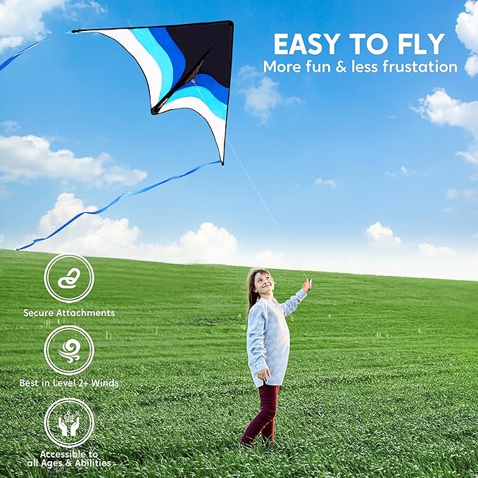 SYNCFUN Large Delta Kite Gradient Blue– Easy to Fly for Kids and Adults, Beach Kite with 328 ft String for Outdoor Games and Activities