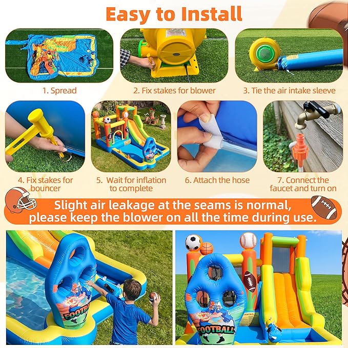 TOAOB Inflatable Water Slide for Kids 3-12: Blow Up Bounce House Backyard Water Park with 480W Blower- 9 in 1 Football-Themed for Outdoor Birthday Party