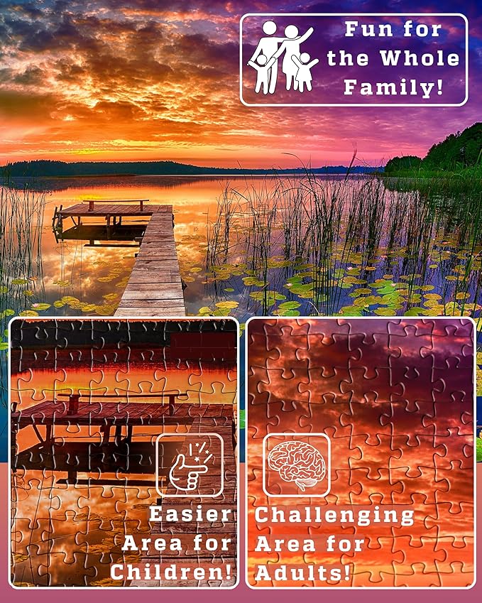 Puzzles for Adults 1000 Pieces - Ideal Gift for Loved Ones, Gift-Ready Box, Letters on Back, 8 Jigsaw Puzzle Saver Sheets & Full-Size Poster - Scenic Landscape Sunset with Dock & Lilies by GERJATO