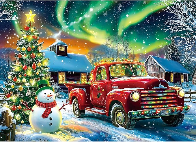 Winter Christmas Holiday Puzzle 1000 Pieces for Adults, Snowy Village Scene with Classic Red Car, Snowman, Cozy Christmas Jigsaw Puzzle for Family Gatherings
