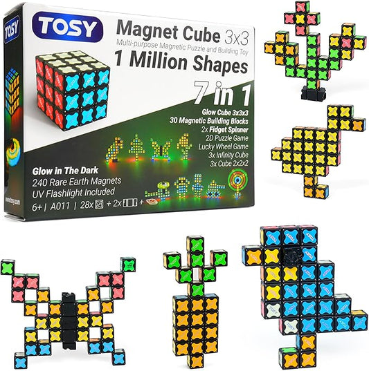 TOSY Magnet Cube 3x3 - 30 Blocks, 240 Magnets, Easter Basket Stuffers for Kids, Multipurpose: Creative Building Blocks, Transformable Fidget Spinner, Puzzle/Infinity Cube, Glowing STEM Toy