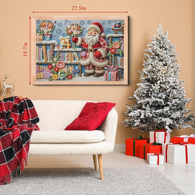 Christmas Puzzles for Adults 1000 Piece, Santa Claus Bookshelf Jigsaw Puzzle, Flower Book Puzzle as Funny Winter Holiday Xmas Decor
