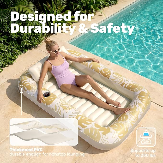 SLOOSH Inflatable Tanning Pool Lounger Float, 70" x 46" Pool Floats Adult with Pillow, 4 in 1 Suntan Tub Raft Floatie,Sunbathing Bed Lounge for Water Blow Up Kids Ball Pit Party Gifts, L-Golden White