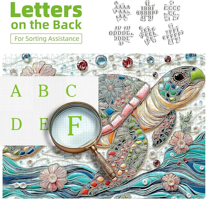 1000 Piece Puzzle for Adults Sea Turtle Ocean Mosaic Mbroidery with Vibrant Gem Floral Jigsaw Puzzle Colorful Beautiful Underwater Sea Puzzle with Letters on Back for Game Night