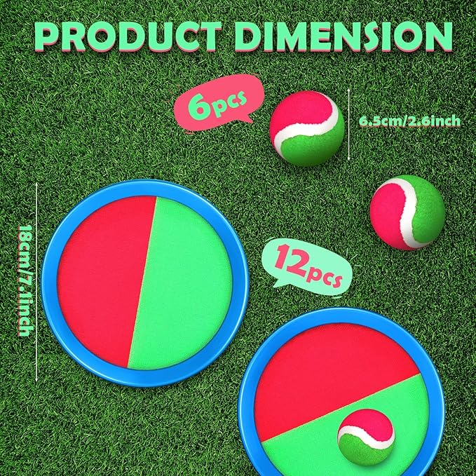 Charniol Kids Toys Toss and Catch Game Set Beach Game Outdoor Ball Sports Games Toss and Catch Ball Nylon Toys for Kids Adults(Pink, Green,Light Blue,12 Paddles 6 Balls)
